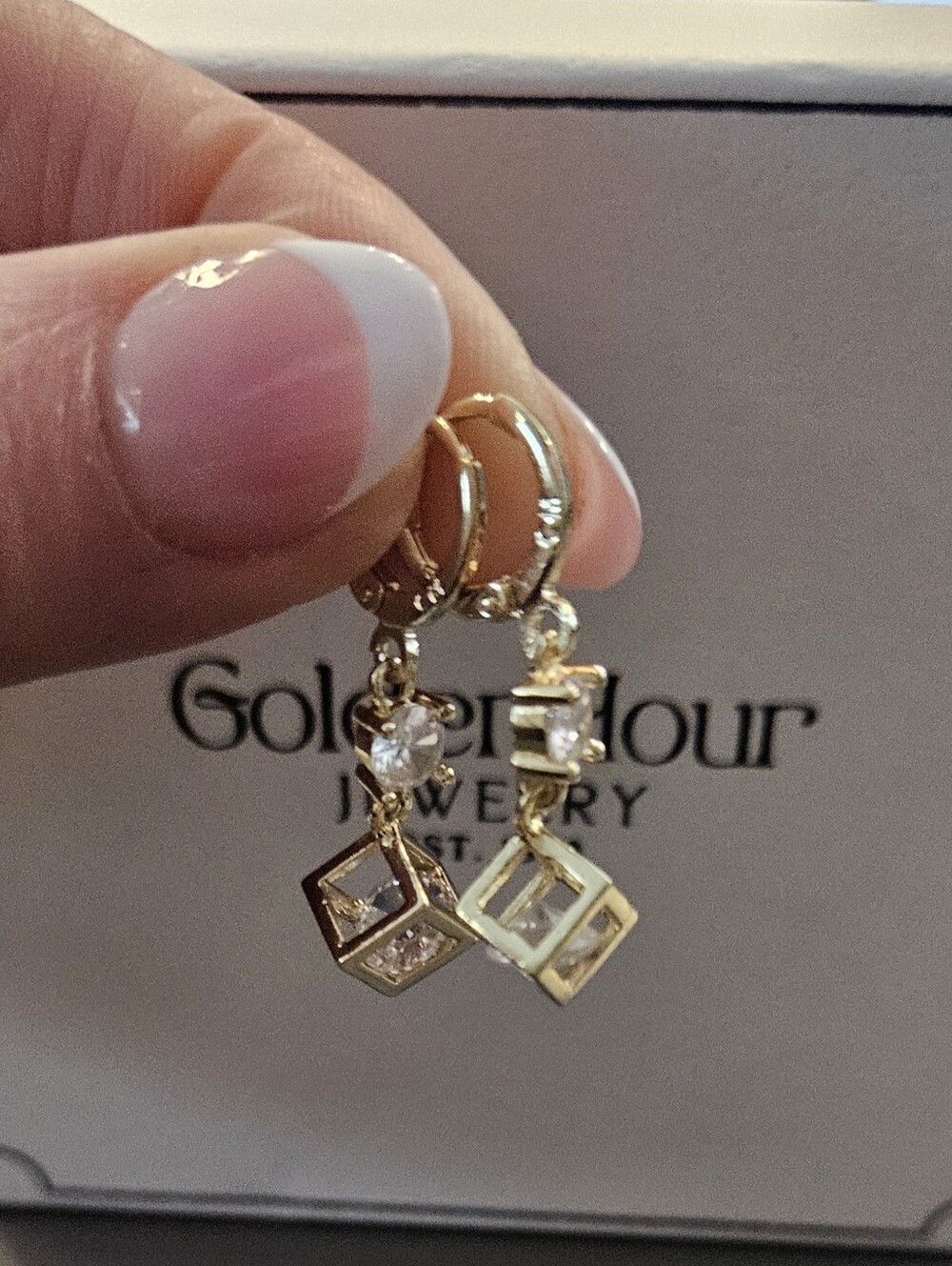 Gold Finish 18K Cubic Crystal Drop Hoop Earrings New